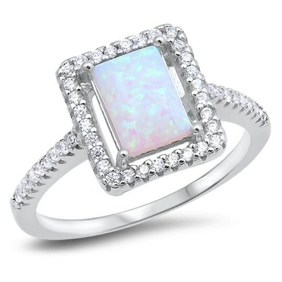 Clear CZ Halo White Simulated Opal Rectangle Ring ( Sizes 5 6 7 8 9 10 ) .925 Sterling Silver Band Rings (Size 10)