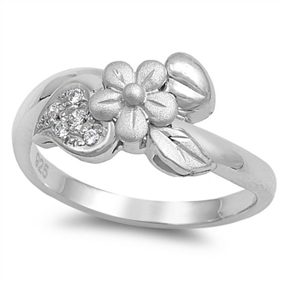 Clear CZ Hawaiian Plumeria Heart Flower Leaf Sterling Silver Ring White 925 Female Size 8