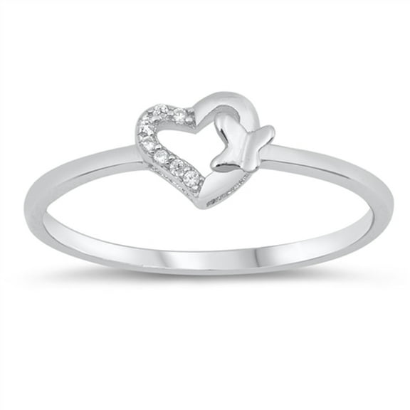 Clear CZ Heart Butterfly Dainty Promise Ring 925 Sterling Silver Band White Female Size 6