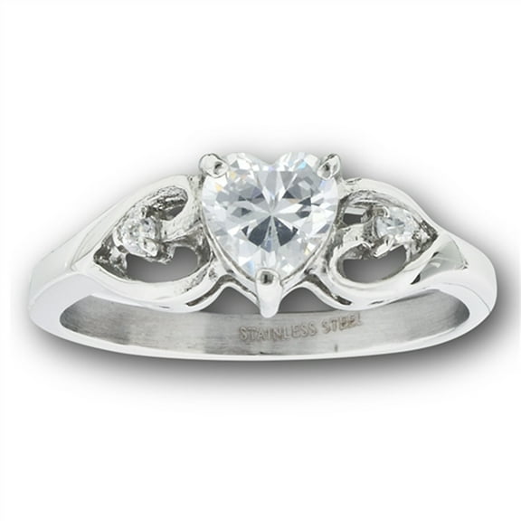 Clear CZ Heart Solitaire Filigree Promise Ring Stainless Steel Band White Jewelry Female Size 9