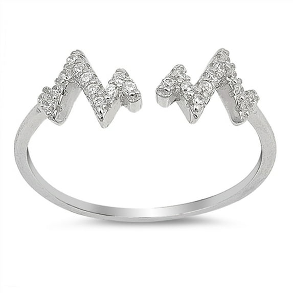 Clear CZ Heartbeat EKG Zig Zag Pointed Ring .925 Sterling Silver Band White Female Size 4