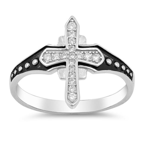 Clear CZ Medieval Cross Ring .925 Sterling Silver Oxidized Black Band White Female Size 8