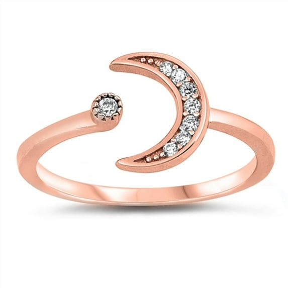 Clear CZ Moon And Star Ring Rose Gold-Toned Plated Sterling Silver Size 6
