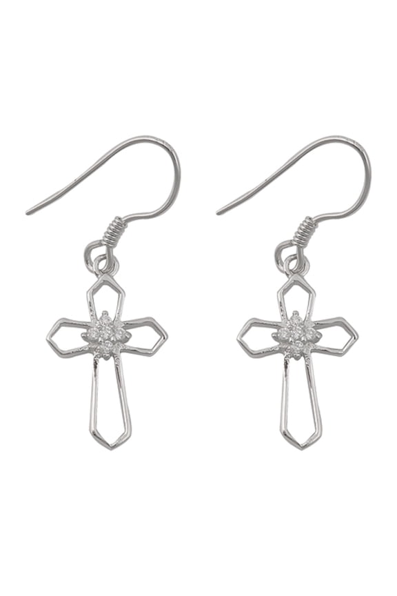 Clear CZ Open Cross Fishhook Earring Sterling Silver