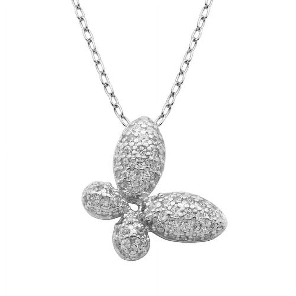 Clear CZ Rhodium-Plated Sterling Silver Puffed Butterfly Pendant, 18" Chain