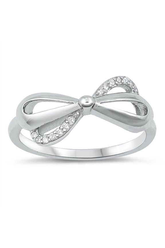 Clear CZ Ribbon Bow Infinity Knot Gift Ring .925 Sterling Silver Band White Female Size 9