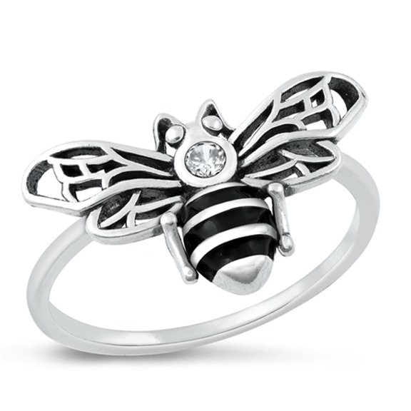 Clear CZ Ring .925 Sterling Silver Bumble Honey Bee Animal Band White Jewelry Female Size 8