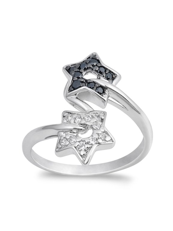 Clear CZ Shooting Star Black White Friendship Sterling Silver Ring 925 Jewelry Female Size 5