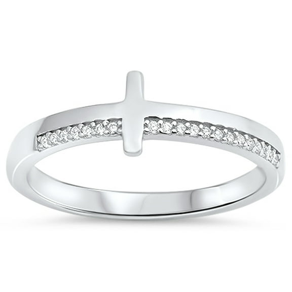 Clear CZ Sideways Cross Christian Love Ring .925 Sterling Silver Band White Female Size 10