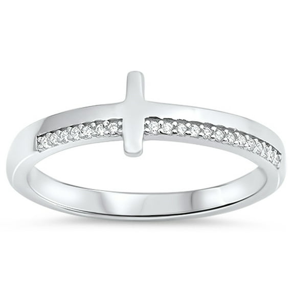 Clear CZ Sideways Cross Christian Love Ring .925 Sterling Silver Band White Female Size 8