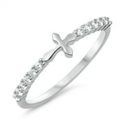 Clear CZ Sideways Cross Christian Purity Ring Sterling Silver Band White 925 Female Size 10