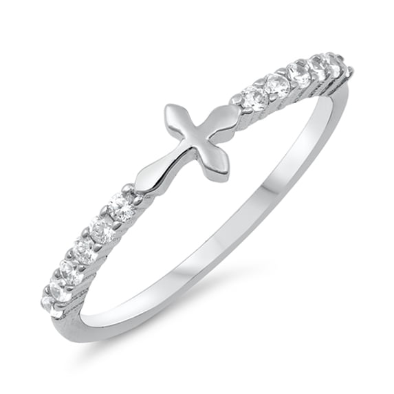 Clear CZ Sideways Cross Christian Purity Ring Sterling Silver Band White 925 Female Size 6