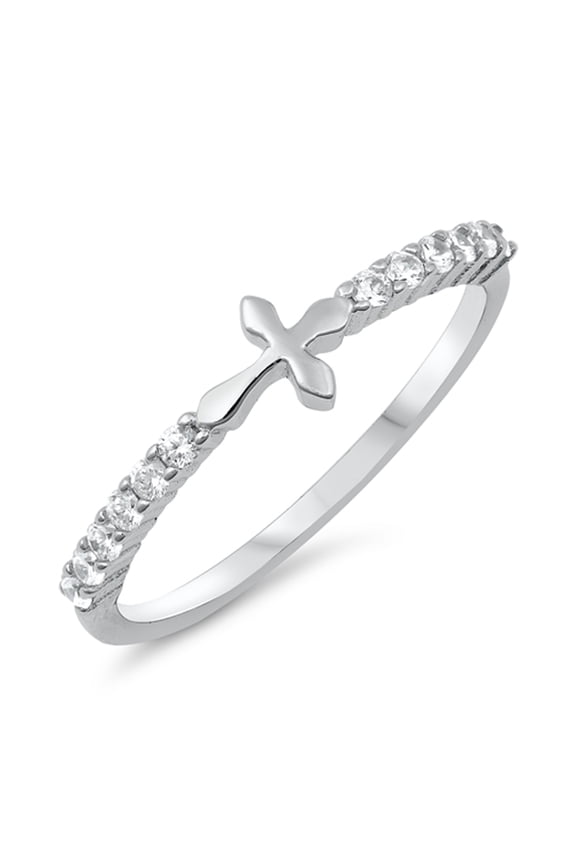 Clear CZ Sideways Cross Christian Purity Ring Sterling Silver Band White 925 Female Size 7