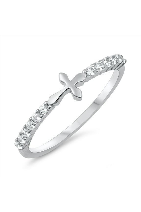 Clear CZ Sideways Cross Christian Purity Ring Sterling Silver Band White 925 Female Size 8