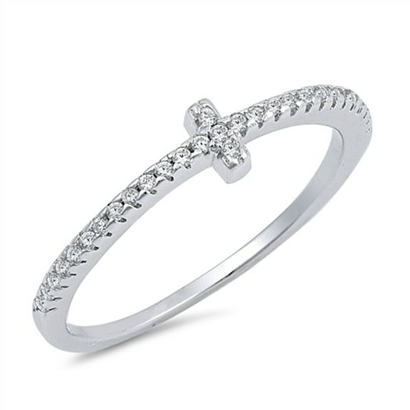 Clear CZ Sideways Cross Stackable Ring .925 Sterling Silver Band White Jewelry Female Size 10