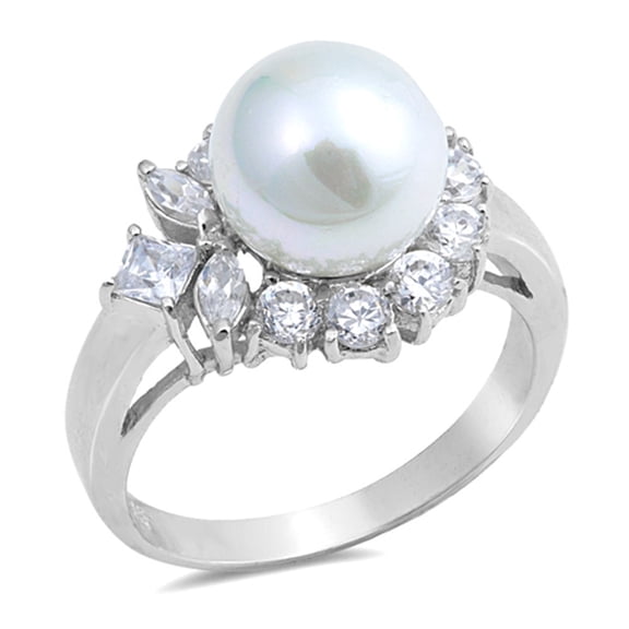 Clear CZ Simulated Pearl Flower Ring .925 Sterling Silver Band White Jewelry Female Size 5