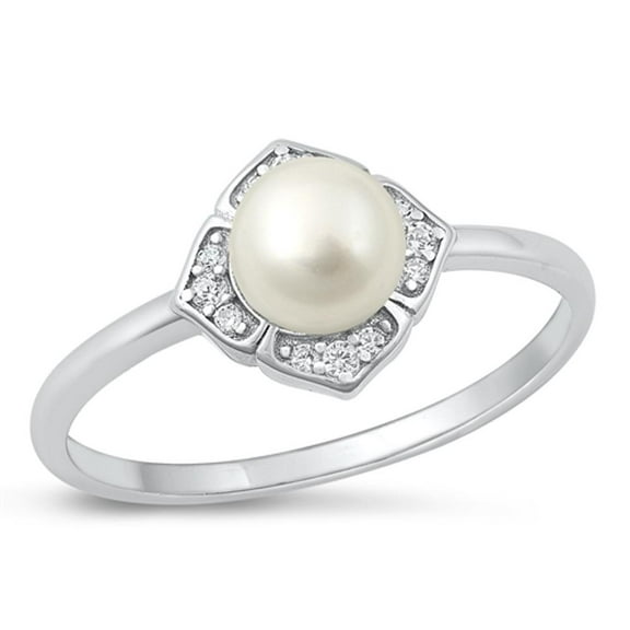 Clear CZ Simulated Pearl Promise Ring .925 Sterling Silver Band White Jewelry Female Size 7