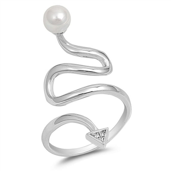 Clear CZ Simulated Pearl Snake Arrow Open Ring .925 Sterling Silver White Jewelry Female Size 6