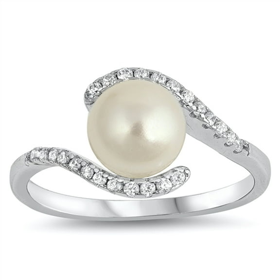 Clear CZ Simulated Pearl Wave Halo Ring 925 Sterling Silver Band White Jewelry Female Size 10