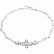 Clear CZ Sterling Silver Clover Flower Link Adjustable Bracelet, 7-8
