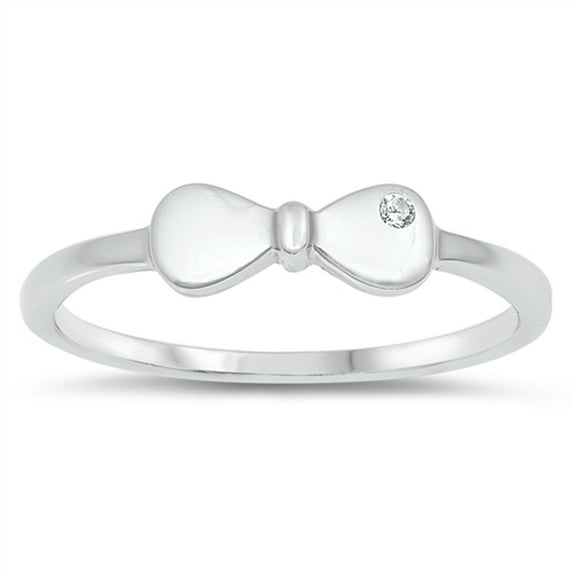 Clear CZ Studded High Polish Ribbon Bow Promise Sterling Silver Ring White 925 Female Size 1