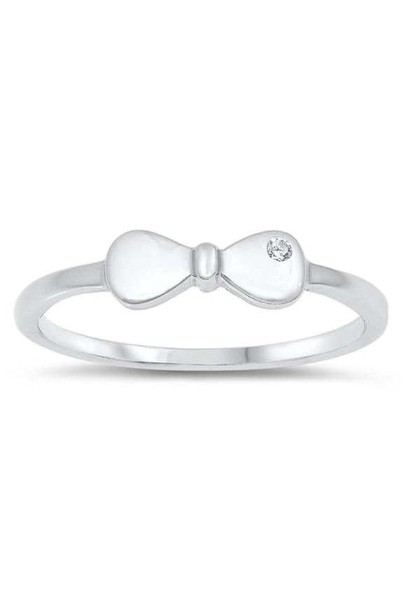 Clear CZ Studded High Polish Ribbon Bow Promise Sterling Silver Ring White 925 Female Size 1