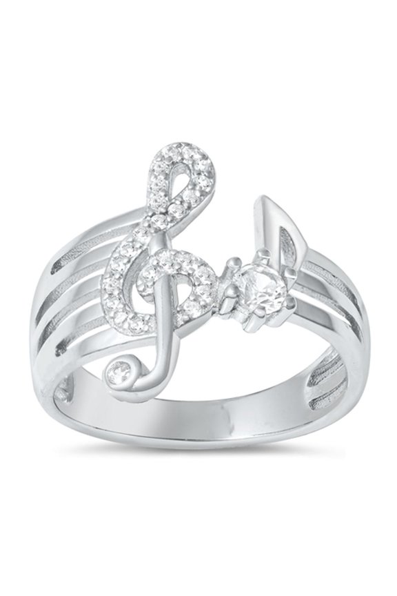 Clear CZ Treble G Clef Ring .925 Sterling Silver Music Note Band White Jewelry Female Size 8