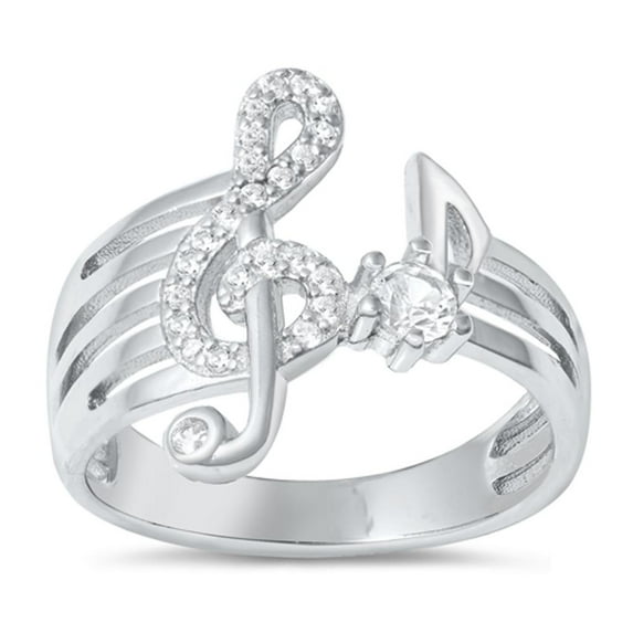 Clear CZ Treble G Clef Ring .925 Sterling Silver Music Note Band White Jewelry Female Size 9