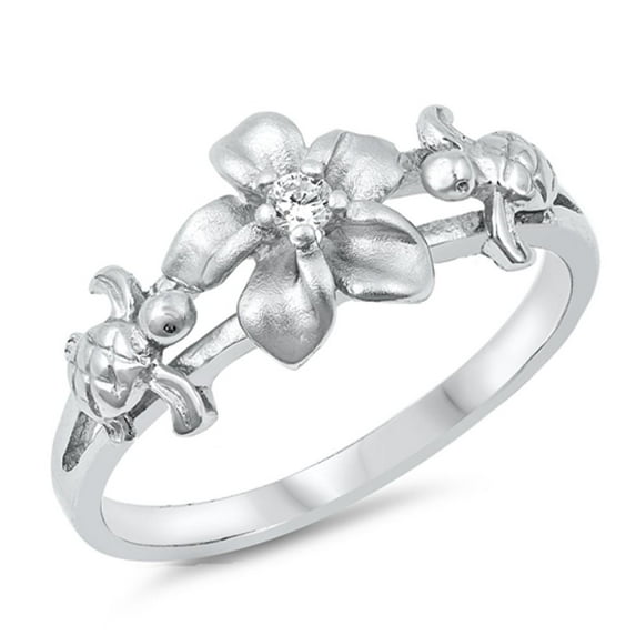 Clear CZ Turtle Hawaiian Tropical Flower Ring Sterling Silver Band White 925 Female Size 8