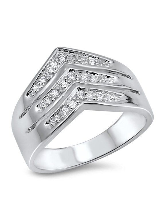 Clear CZ Wholesale Chevron Stacked Wide Ring 925 Sterling Silver Band White Female Size 5