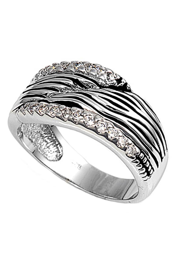 Clear CZ Wood Grain Style Wide Ring .925 Sterling Silver Band White Jewelry Female Size 9