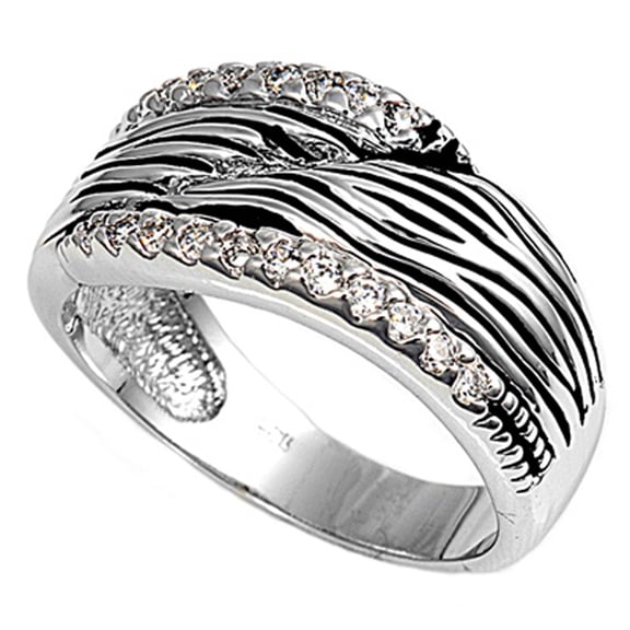 Clear CZ Wood Grain Style Wide Ring .925 Sterling Silver Band White Jewelry Female Size 7