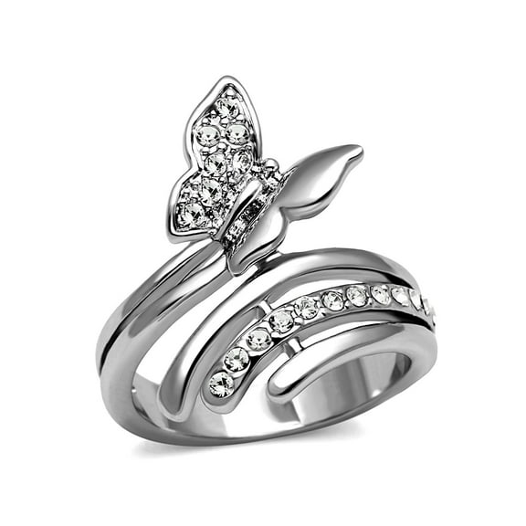 Clear CZ set in Butterfly Stainless Steel Non Tarnish Wide Band Ring - Size 6