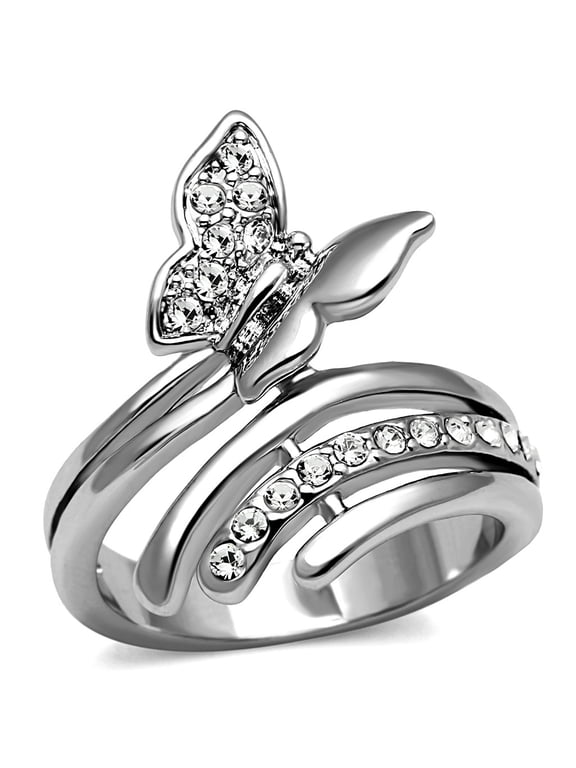Clear CZ set in Butterfly Stainless Steel Non Tarnish Wide Band Ring - Size 9