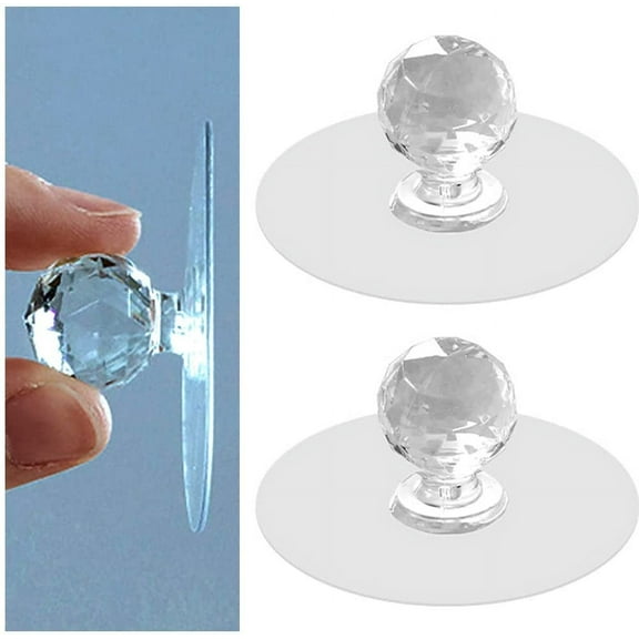 Clear Cabinet Drawer Knobs, Diamond Crystal Shaped Pulls Handles for Wardrobe,Kitchen Cupboard,Bathroom Dresser, Furniture Door Window, Self-Adhesive Drill Free Self-Stick Push Pull Helper (2)