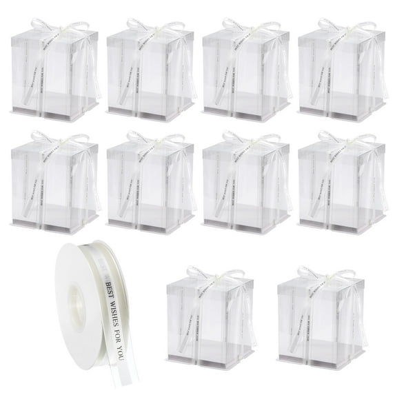 Clear Cake Box, 10Pack 7"x7"x8" Tall Cake Boxes with Ribbon for 8 Inch Cake Packing Carry for Birthday (White)