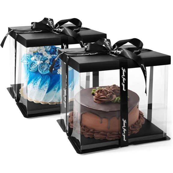 Clear Cake Box, 2-Pack Cake Carrier Container 10" X 10" X 9" with Ribbon Transparent Boxes with Lid Gift Package for Birthday Wedding Party, Black