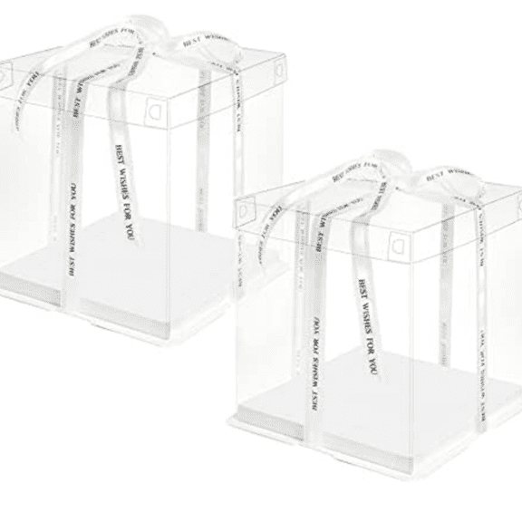 Clear Cake Box,4 Pcs Transparent Cake Box with Ribbon for Pastries10" X 10" X 9"-Clear Tall Cake Box- Clear Gift Boxes with Lid for Wedding Party and Gift Display (White-2 Set)