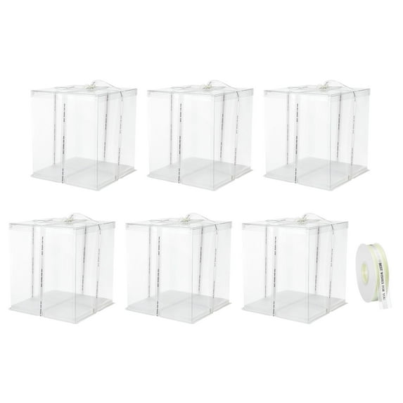Clear Cake Box, 6 Pack 12"x12"x14" Tall Cake Boxes with Ribbon for 10 Inch Cake Packing Carry for Birthday (White)