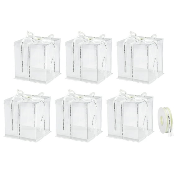 Clear Cake Box, 6 Pack 9"x9"x12" Tall Cake Boxes with Ribbon for 6 Inch Cake Packing Carry for Birthday (White)