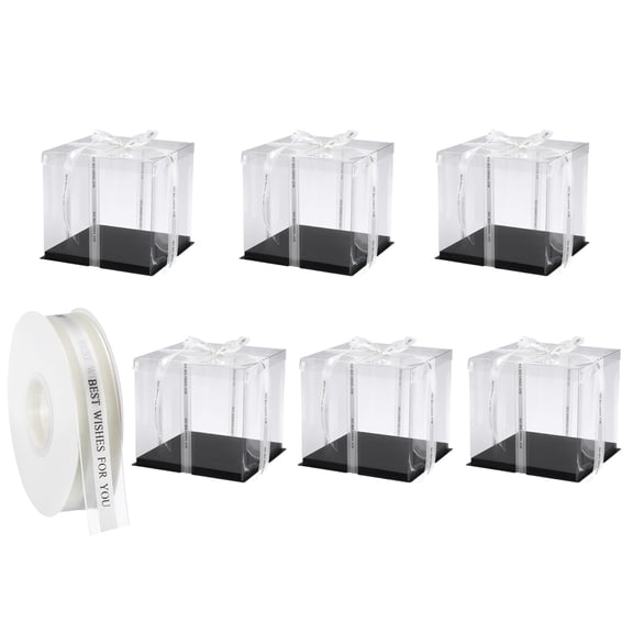 Clear Cake Box, 6Pcs 10"x10"x10" - Tall Cake Boxes with Ribbon for 8 Inch Cake Packing Carry - for Birthday (Black)