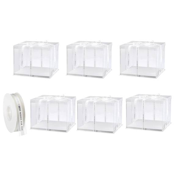 Clear Cake Box, 6Pcs 13"x11"x13" - Tall Cake Boxes with Ribbon for 12 Inch Cake Packing Carry - for Birthday (White)