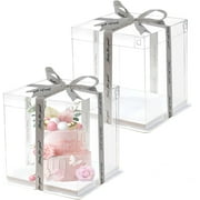 Clear Cake Box, Dingrich 2 Pack Transparent Cake Box with Ribbon, 10" x 10" x 9" Tall Cake Carrier with Lid Cake Packaging Container Gift Boxes for Party Birthday Wedding