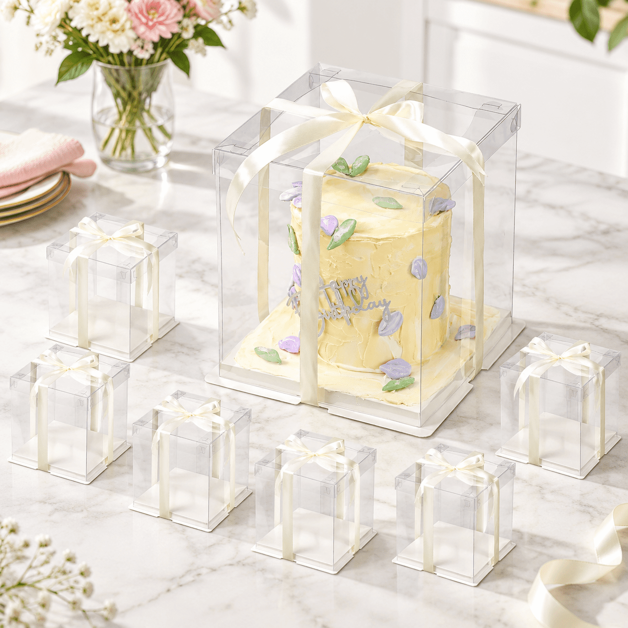 Cooked Chicken Packaging Clear Cake Boxes with Ribbon, 8.5*8.5*9 in, 8 Count, Transparent Tall ...