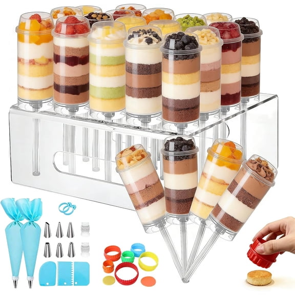 Clear Cake Push Pop Containers, Cake Pop Stand, Reusable Food-Grade Plastic Dessert Cups with Lids, Cake Pop Holder with Cutter Tool, for Parties, Weddings, Birthdays, DIY Baking Supplies