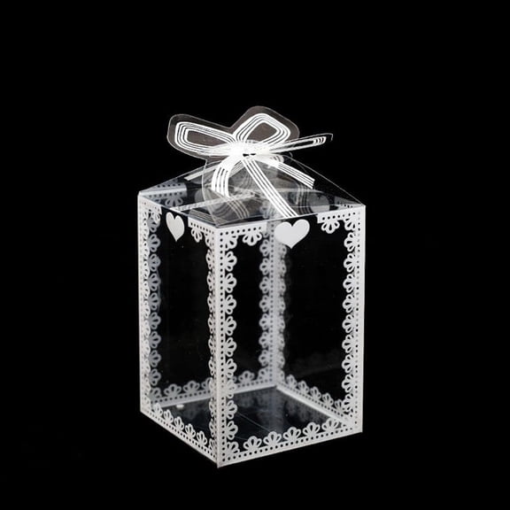 Clear Candy Boxes, 20 Pack Transparent Treat Boxes with Heart Lace Design and Ribbon, Square Plastic Favor Boxes for Wedding, Baby Shower, Party Supplies, 2.75x2.75 inch