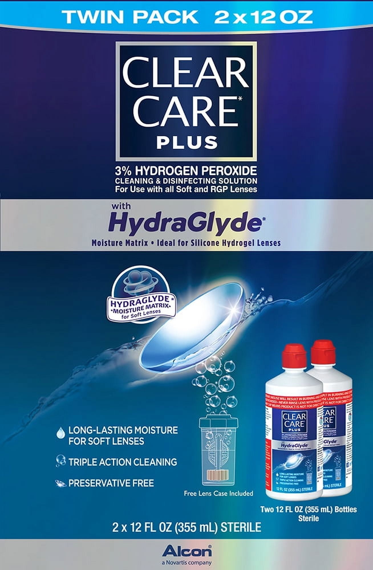 Clear Care Plus Contact Lens Cleaning Liquid Solution for Daily Use, Two 12 oz per Pack