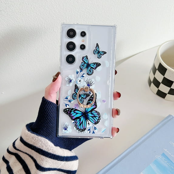 Clear Case Compatible with Samsung Galaxy S22 Ultra, Beautiful Butterflies Pattern Flexible TPU Shockproof Anti-Scratch Bumper Transparent Cover for Samsung Galaxy S22 Ultra with Ring Kickstand, C