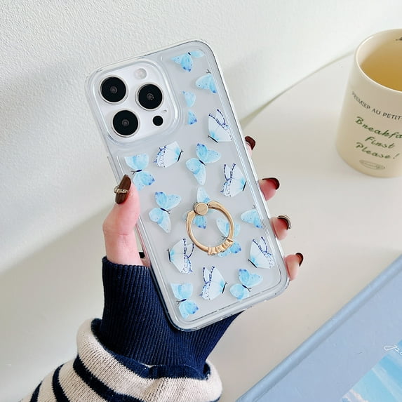 Clear Case Compatible with iPhone 11 Pro Max, Beautiful Butterflies Pattern Flexible TPU Shockproof Anti-Scratch Bumper Transparent Cover for iPhone 11 Pro Max with Ring Kickstand, D
