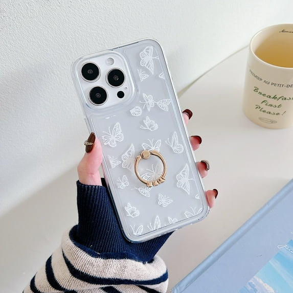 Clear Case Compatible with iPhone 12 Pro Max, Beautiful Butterflies Pattern Flexible TPU Shockproof Anti-Scratch Bumper Transparent Cover for iPhone 12 Pro Max with Ring Kickstand, B